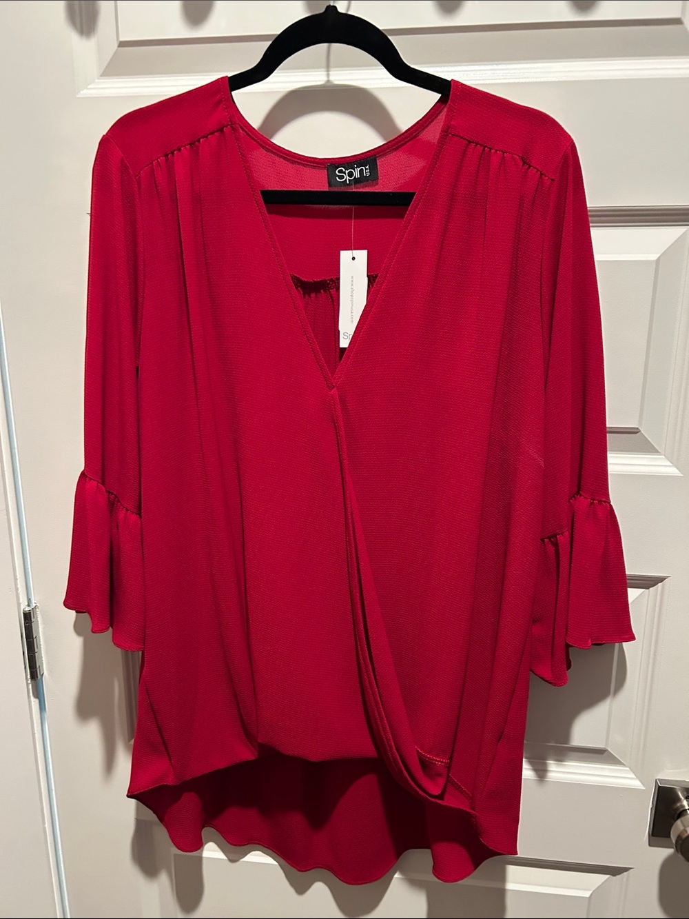 Spiri Red V-Neck Draped Ruffle-Sleeve Blouse